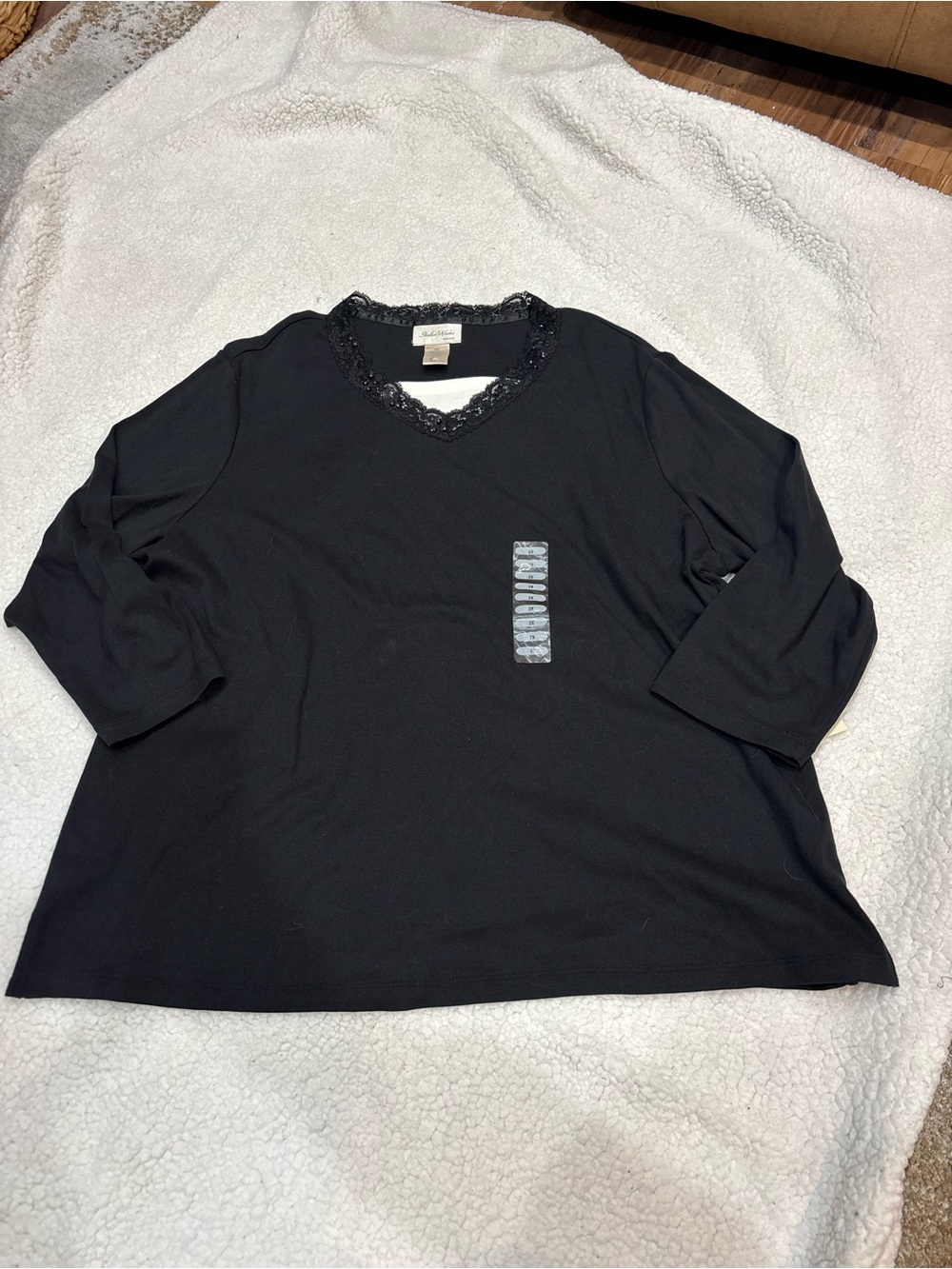 Studio Works Black Lace Trim V-Neck 3/4 Sleeve Tee 2XL